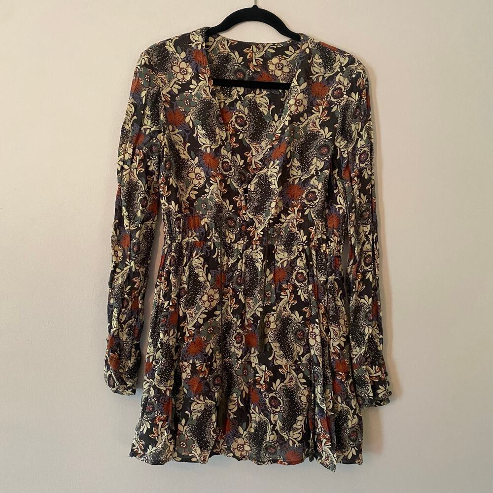 Free People Gray White Multicolor Floral Flowy V-neck Mini Dress Fairy Medium